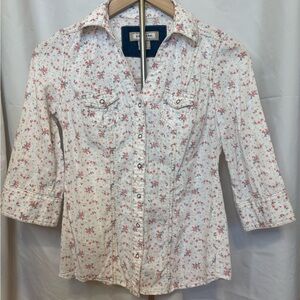 Arizona  Western Womens Fitted Denim Shirt 3/4 Sleeve Snap Cowboy Rodeo Floral
